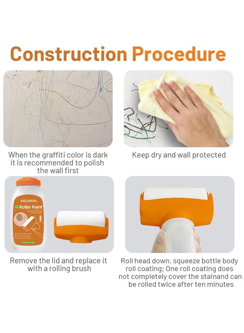 XIGUANJIA Drywall Repair Kit, Upgrade 500g Large Capacity White Paint with Roller, Wall Surface Scratch Quick and Easy Solution, Small Roller Brush Repair Kit - White - Image 2